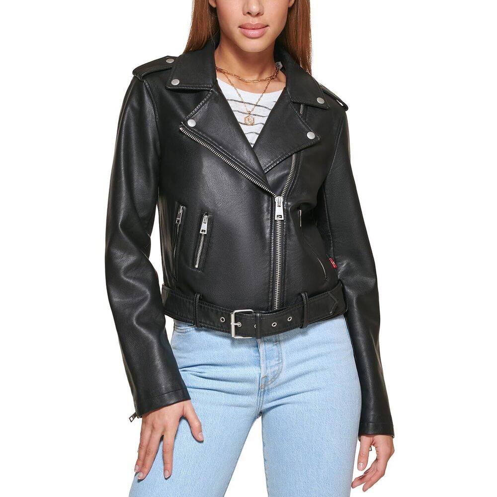 Black Moto Jacket Faux Leather Belted Women's Coat L